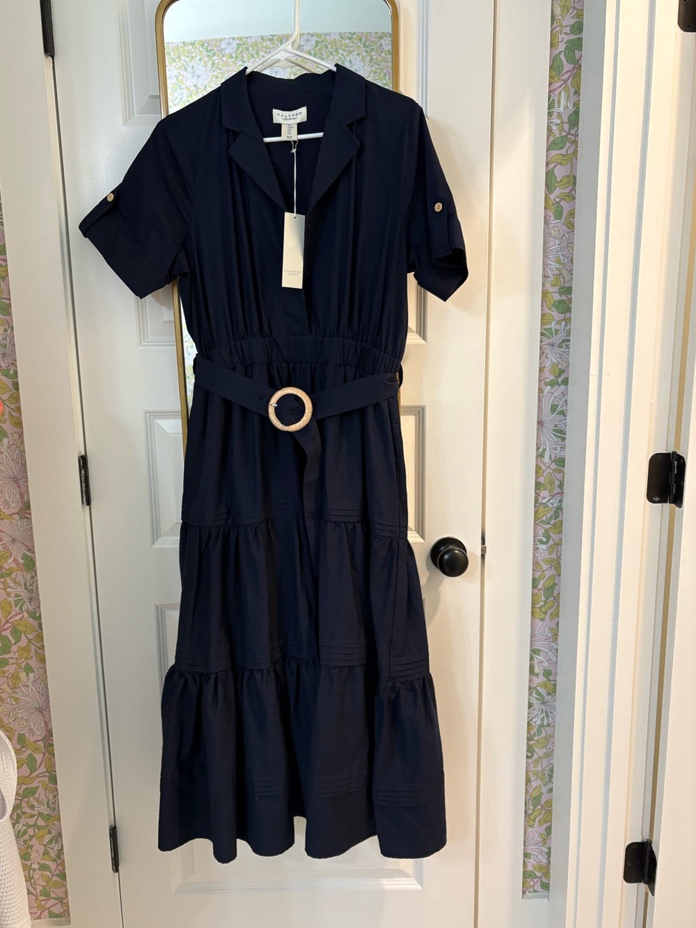 Calypso St. Barth Navy (Night Light) Tiered Midi Dress with Ring Belt